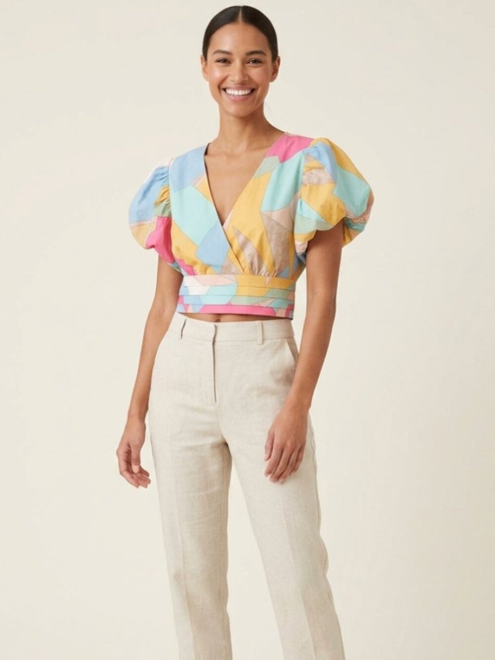 Entro Pastel Abstract Geometric V-Neck Colorful Puff Sleeve Crop Top Medium NWT